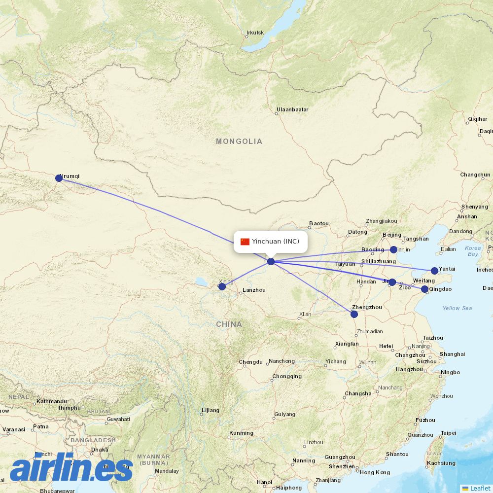 Shandong Airlines from Yinchuan Hedong International Airport destination map