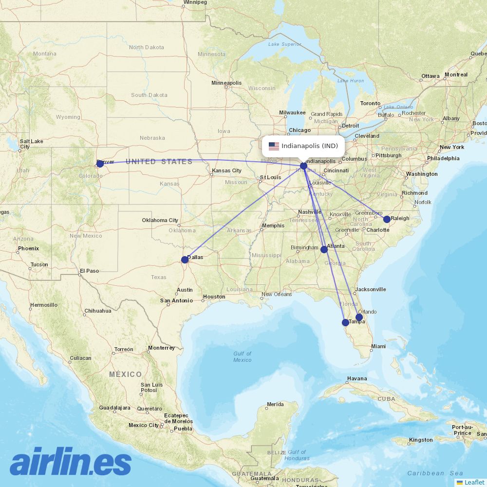 Frontier Airlines from Indianapolis International Airport destination map