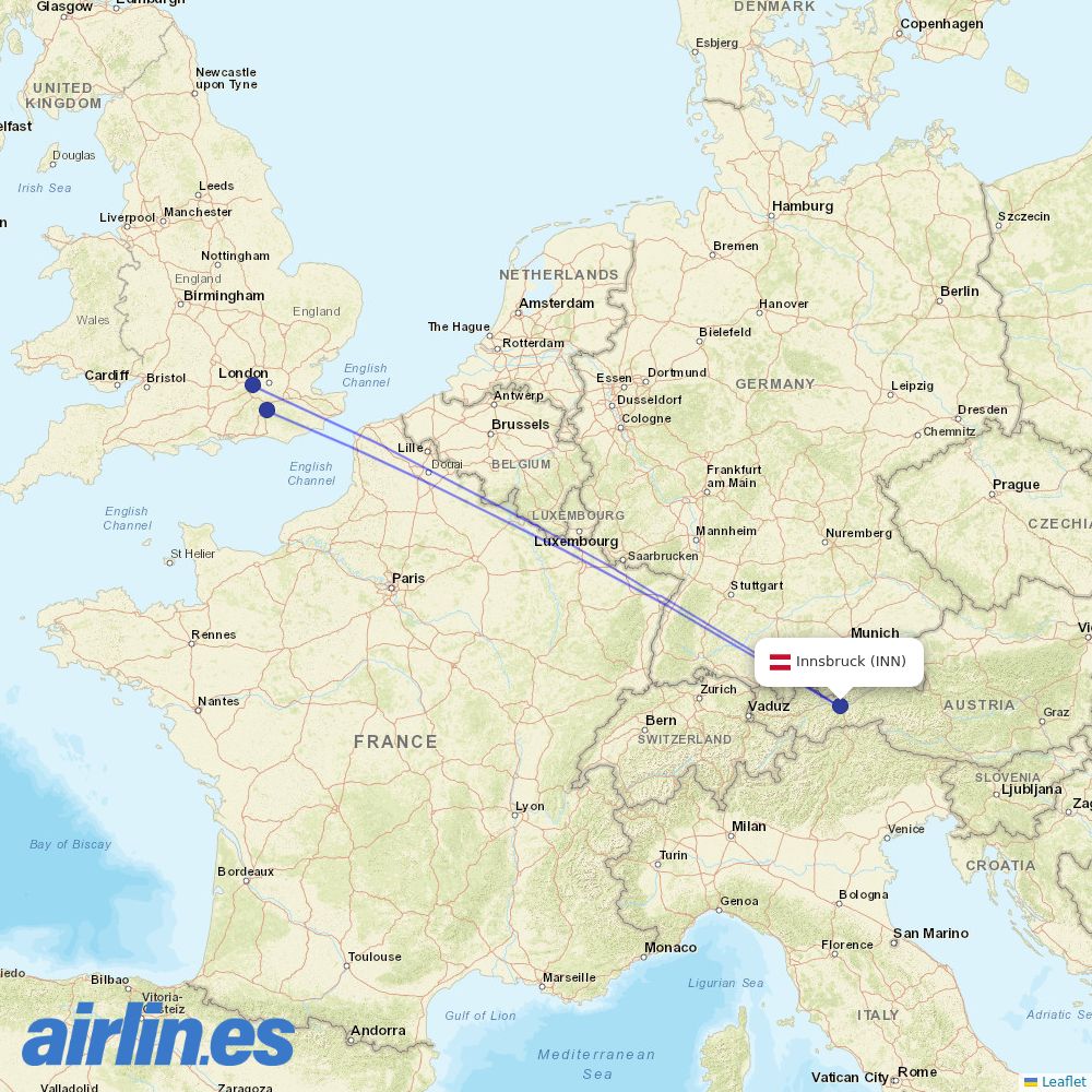 British Airways from Innsbruck destination map