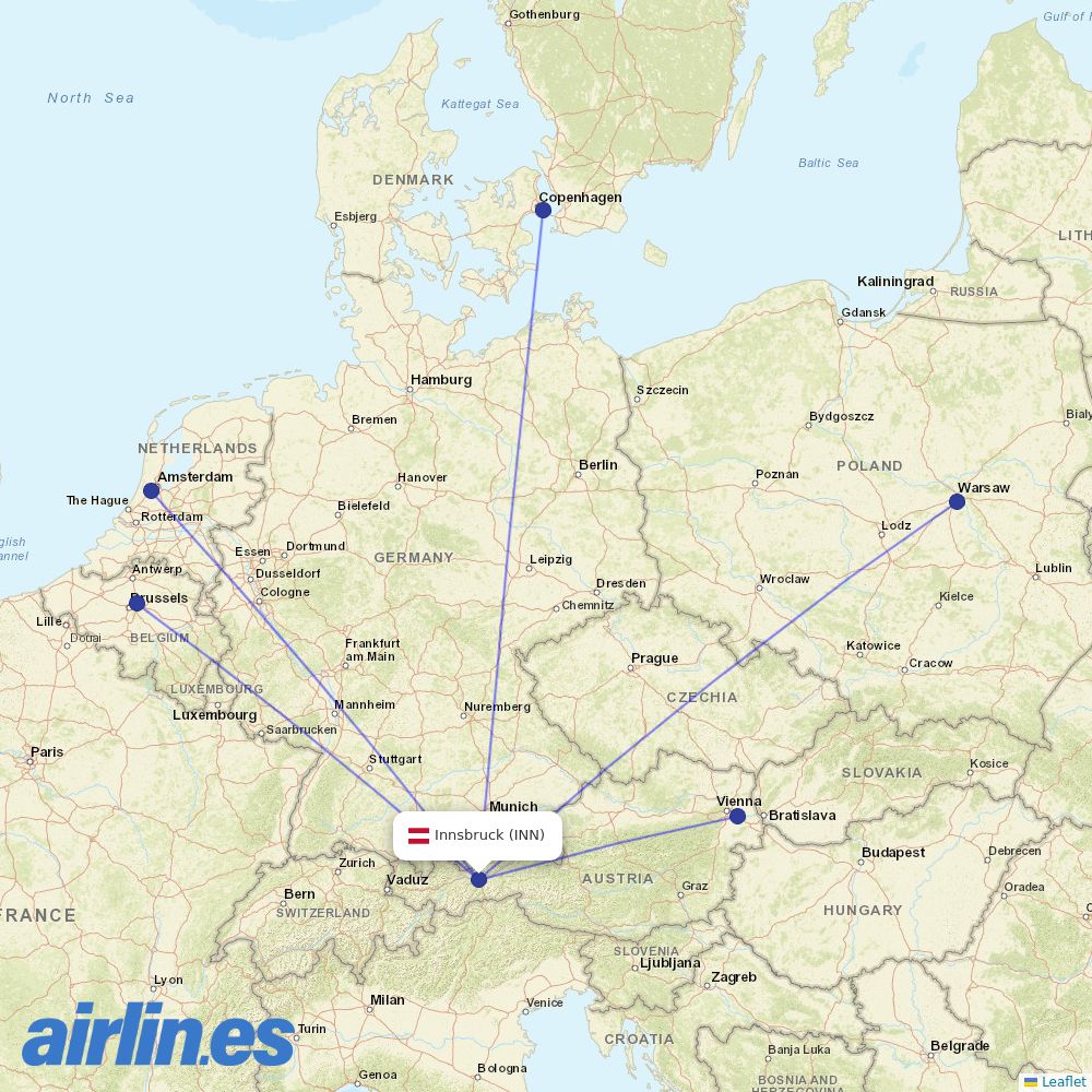 Austrian Airlines from Innsbruck destination map