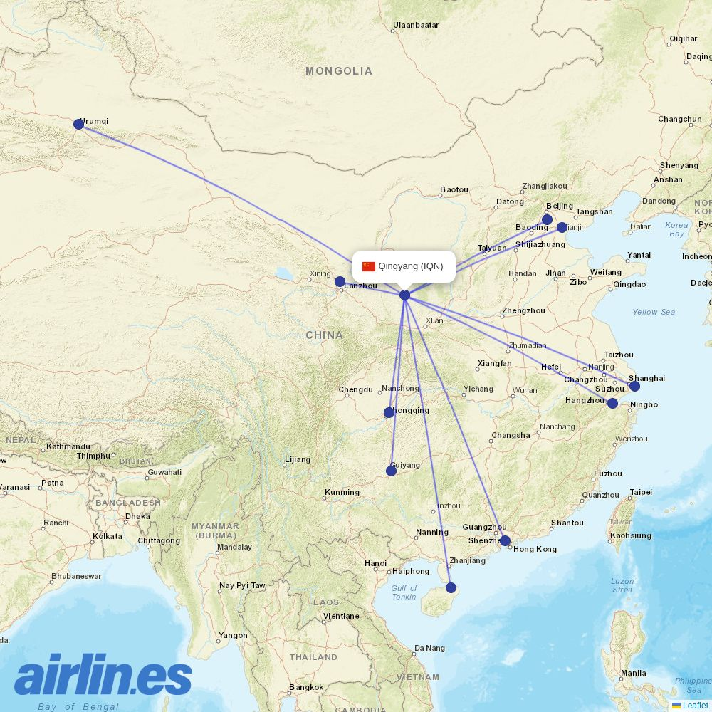 Tianjin Airlines from Qingyang Airport destination map