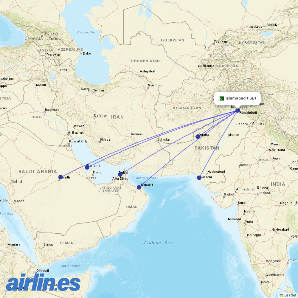 Fly Jinnah from Islamabad International Airport destination map