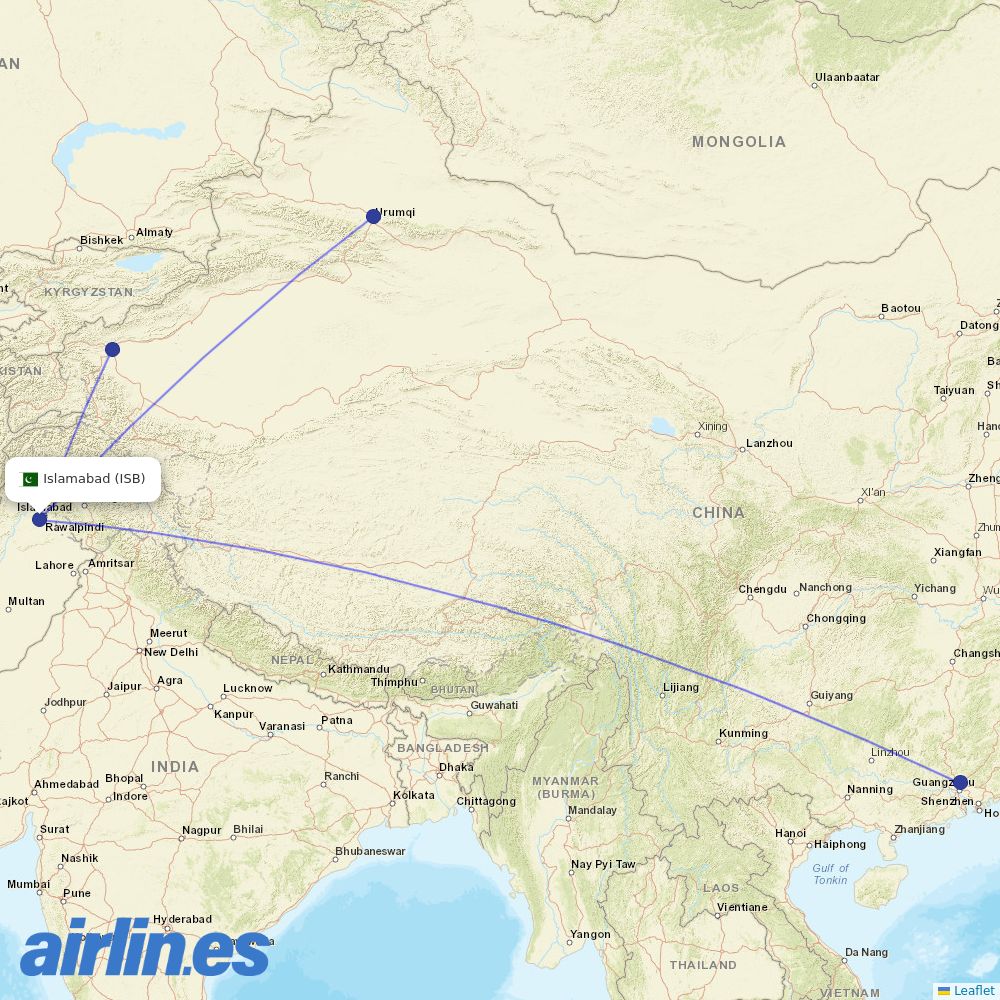 China Southern Airlines from Islamabad International Airport destination map