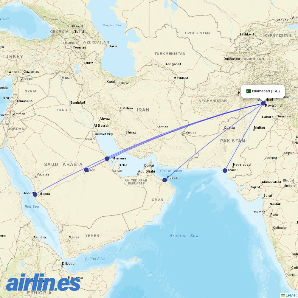 AirSial from Islamabad International Airport destination map