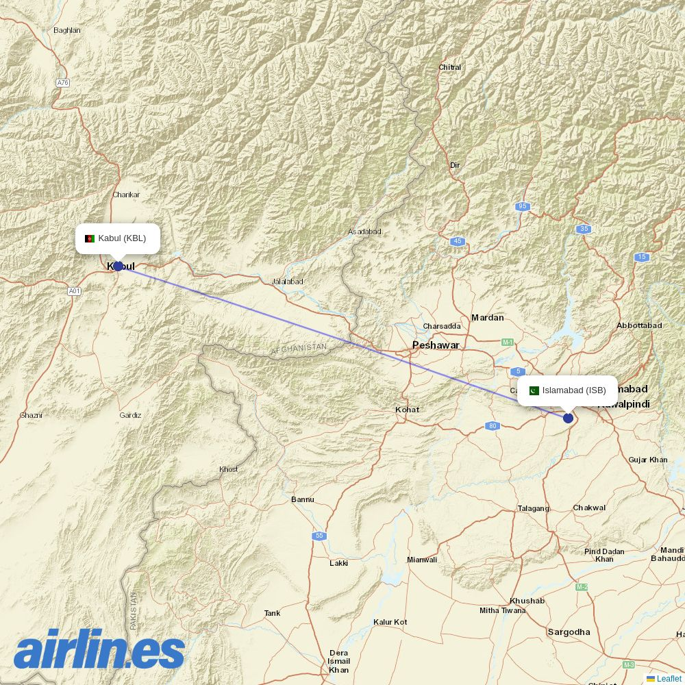 Kam Air at ISB route map