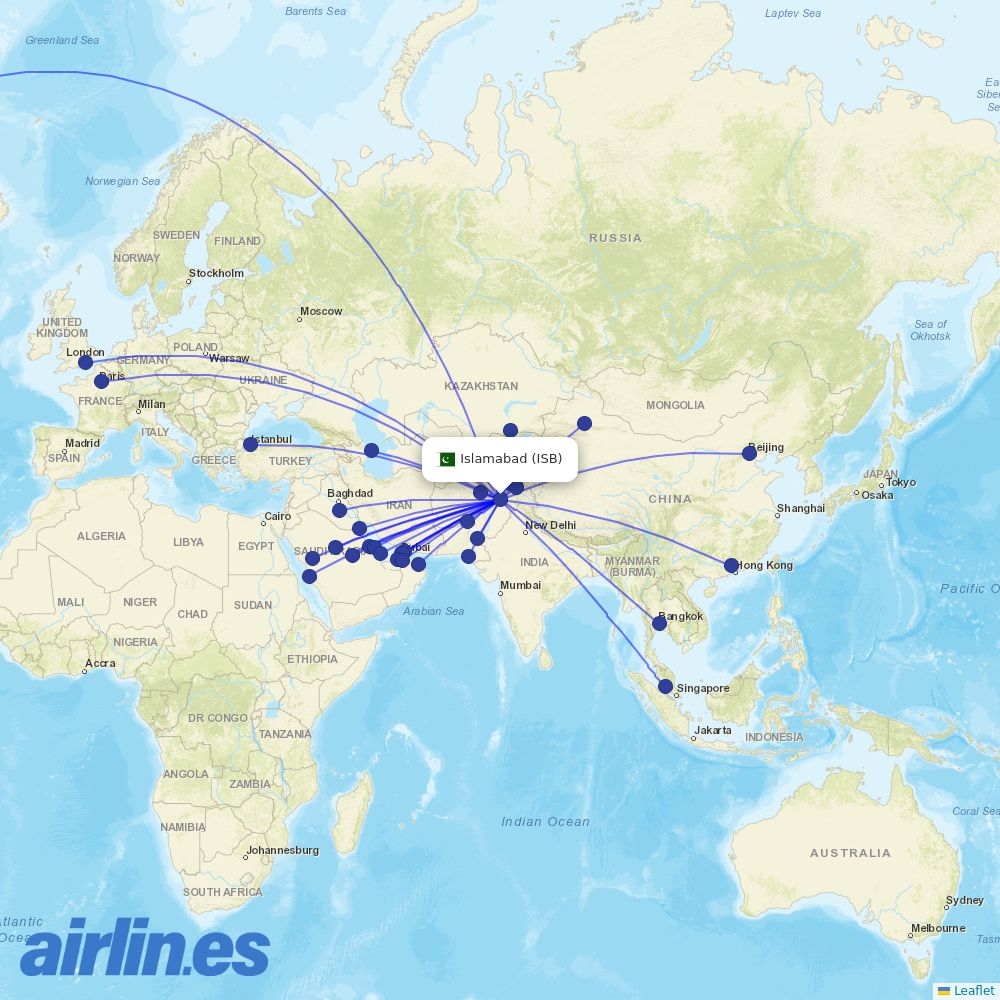Saudia from Islamabad International Airport destination map