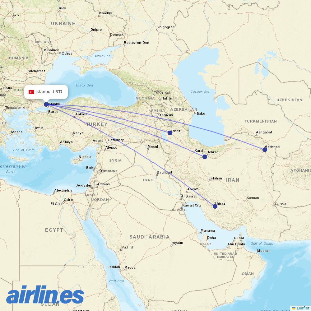 Iran Airtour from Istanbul Airport destination map