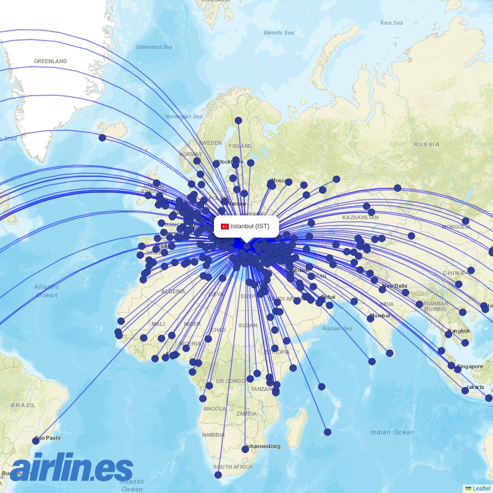 SCAT Airlines from Istanbul Airport destination map