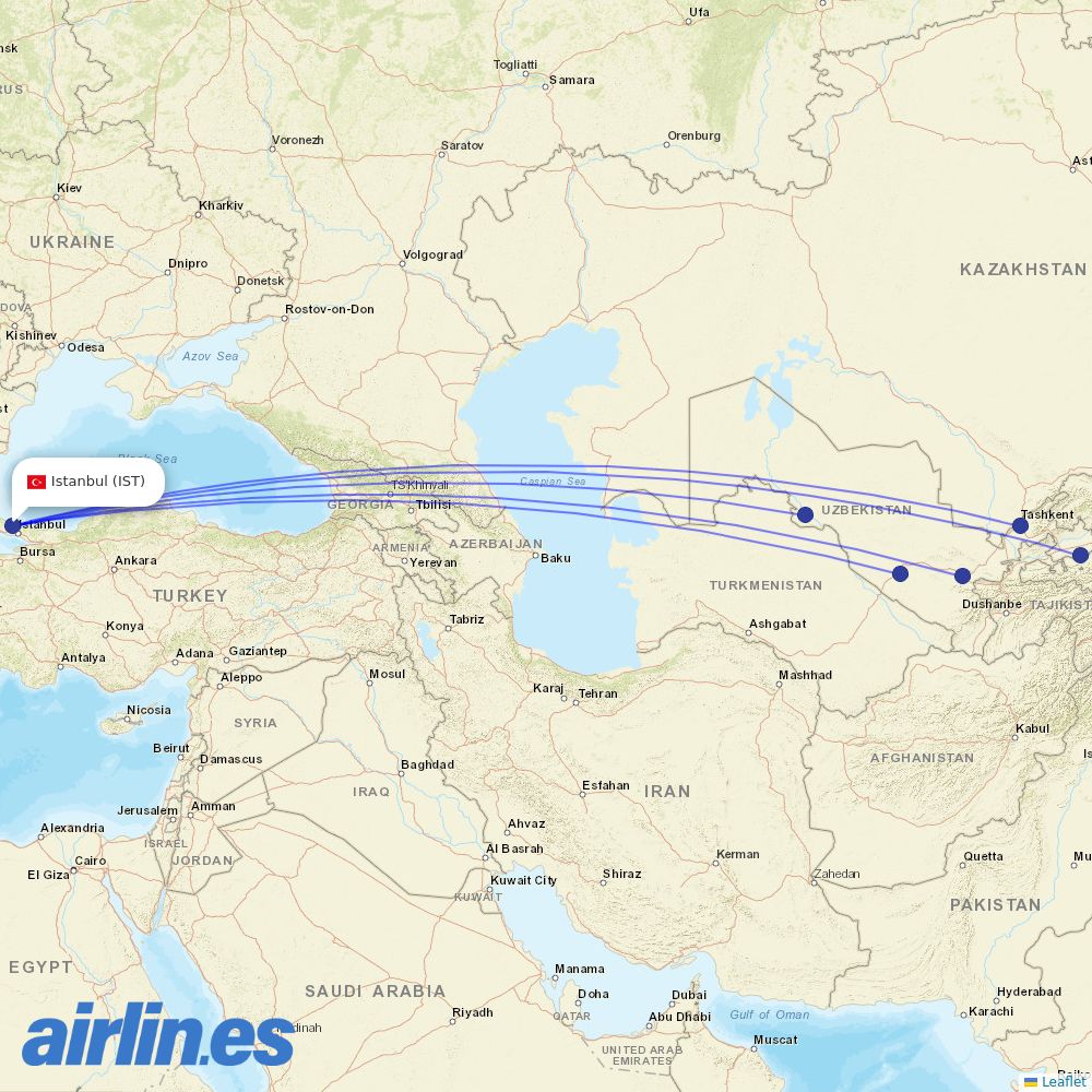 Uzbekistan Airways from Istanbul Airport destination map