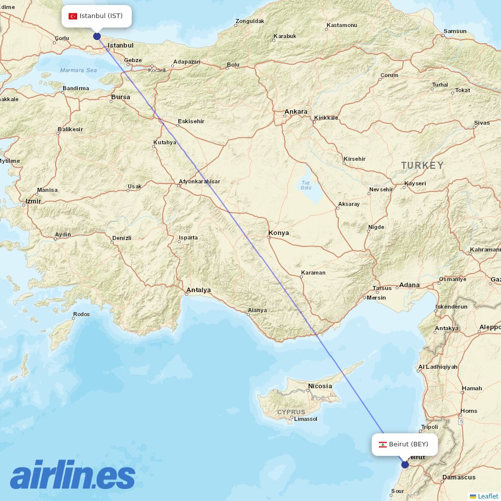 Middle East Airlines at IST route map