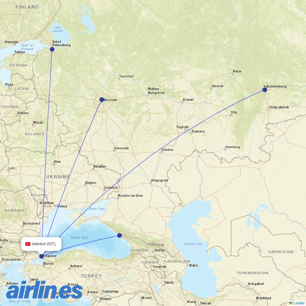 Aeroflot from Istanbul Airport destination map