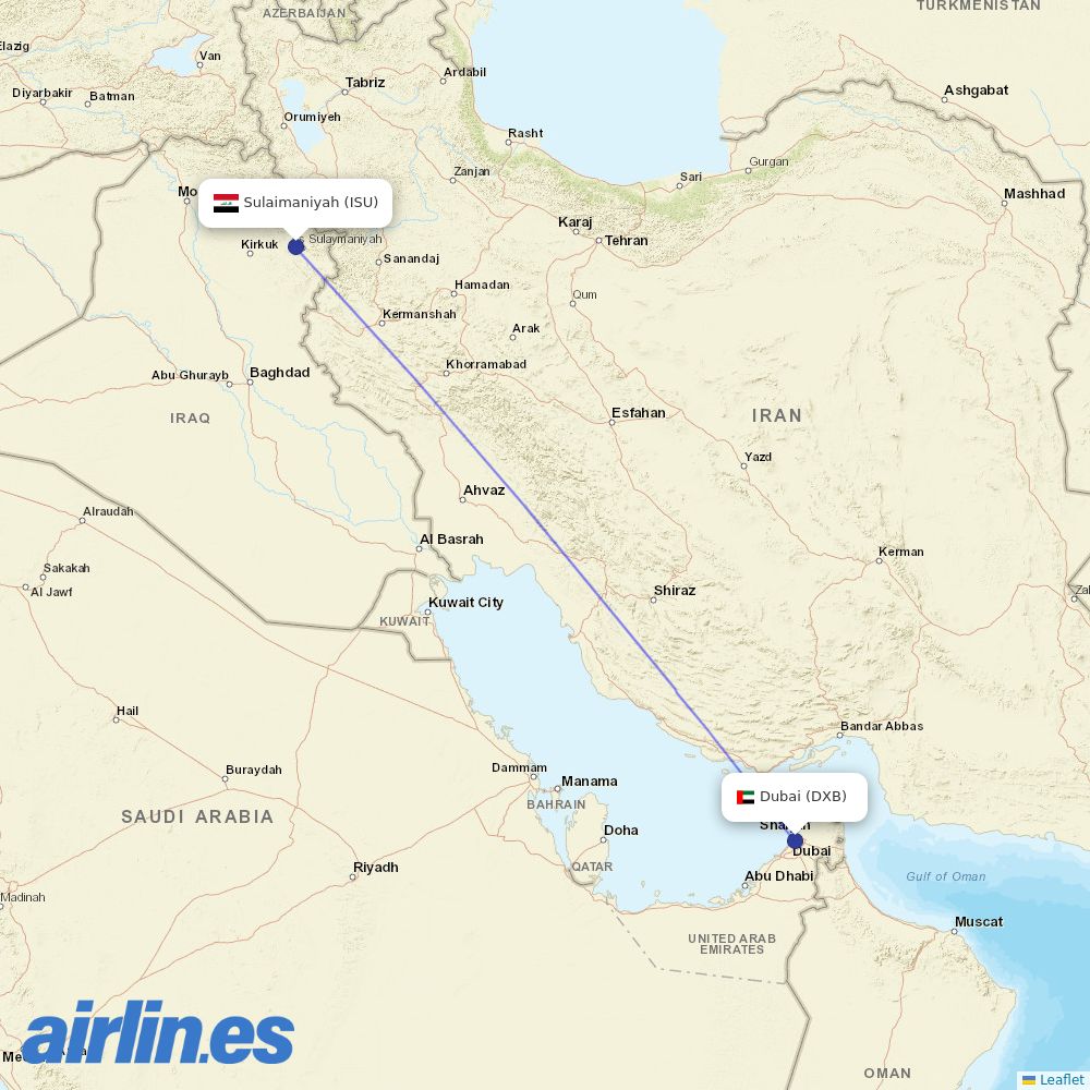 flydubai from Sulaymaniyah International Airport destination map