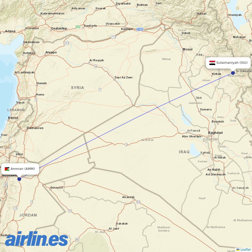 Royal Jordanian from Sulaymaniyah International Airport destination map