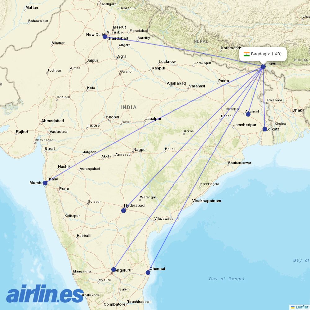 IndiGo from Bagdogra destination map
