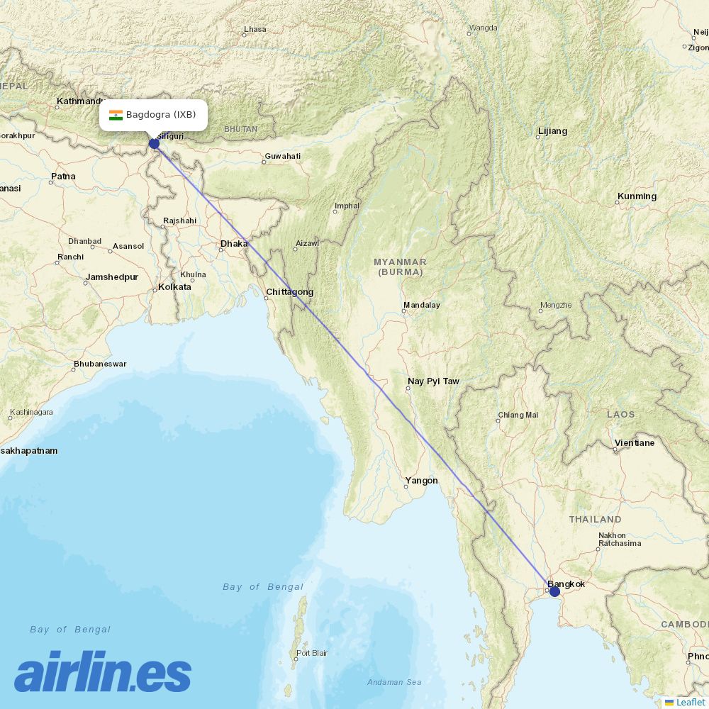 Drukair from Bagdogra destination map