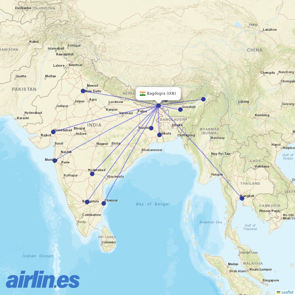 SpiceJet from Bagdogra destination map