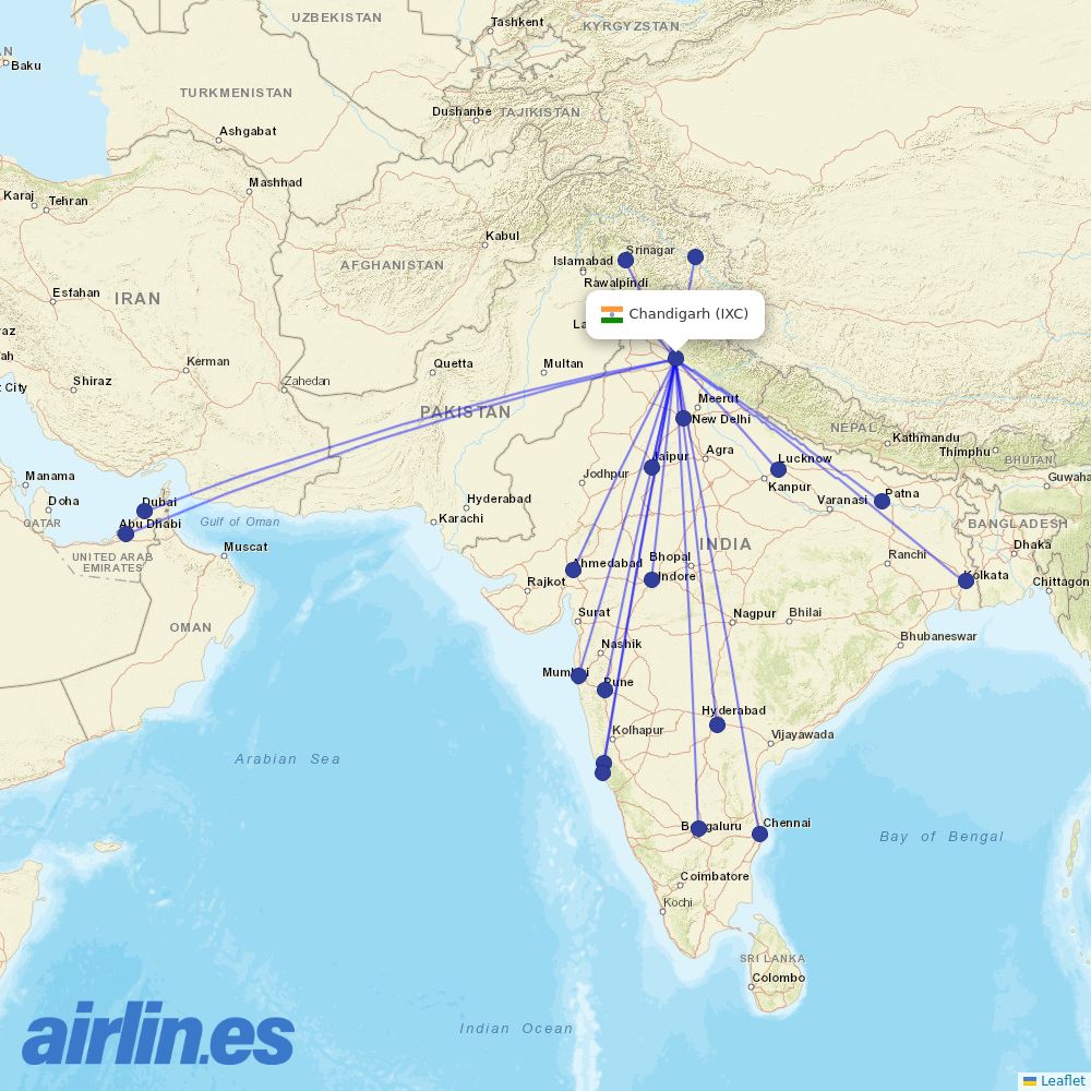 IndiGo from Chandigarh destination map