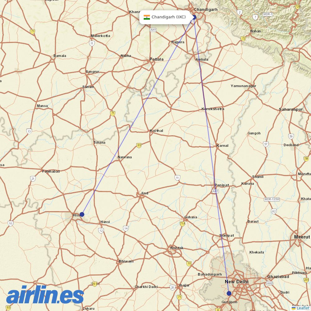 Alliance Air from Chandigarh destination map