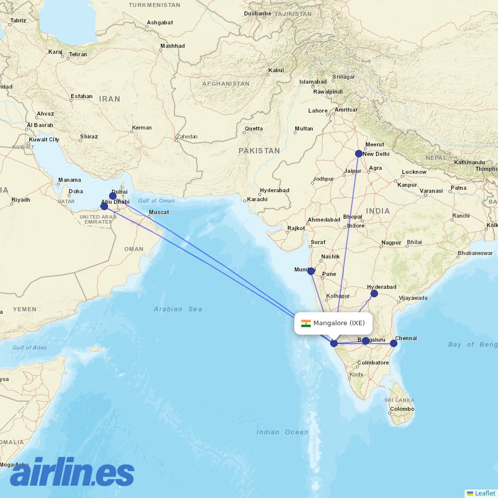 IndiGo from Mangalore destination map