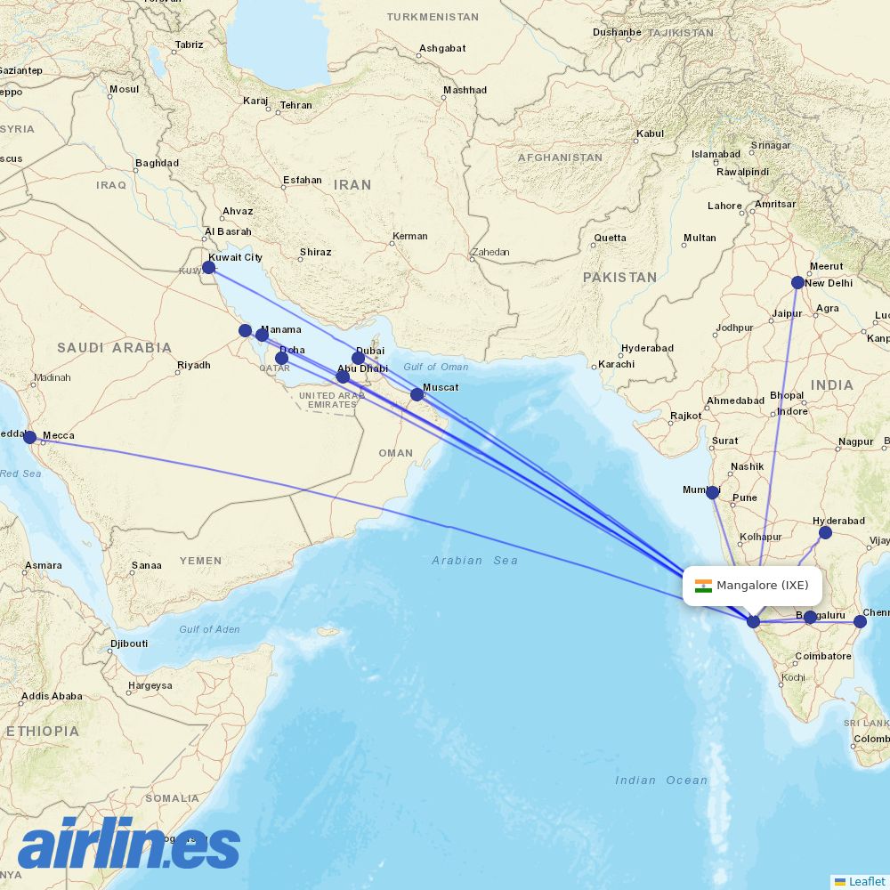 Air India Express from Mangalore destination map