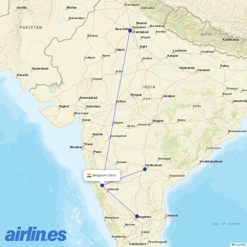 IndiGo from Belgaum destination map