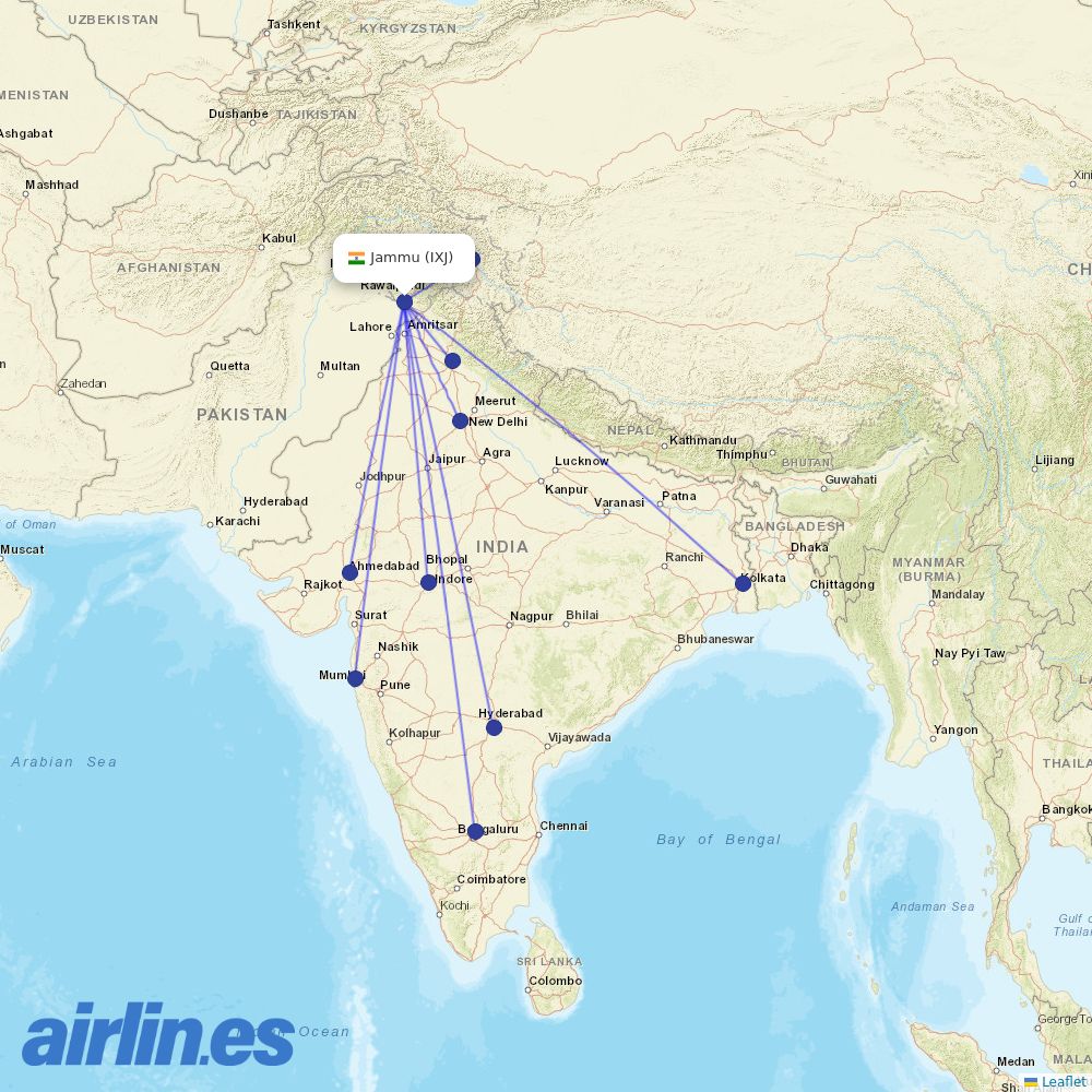 IndiGo from Jammu destination map