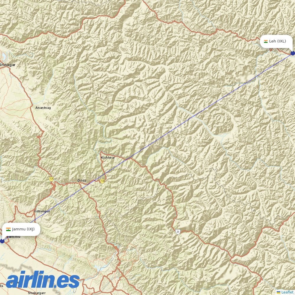 Air India from Jammu destination map