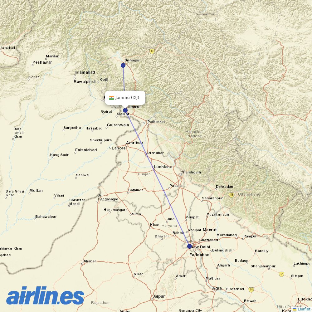 SpiceJet from Jammu destination map
