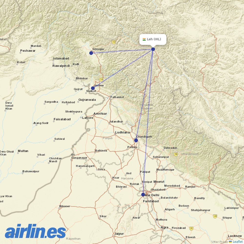Air India from Leh destination map