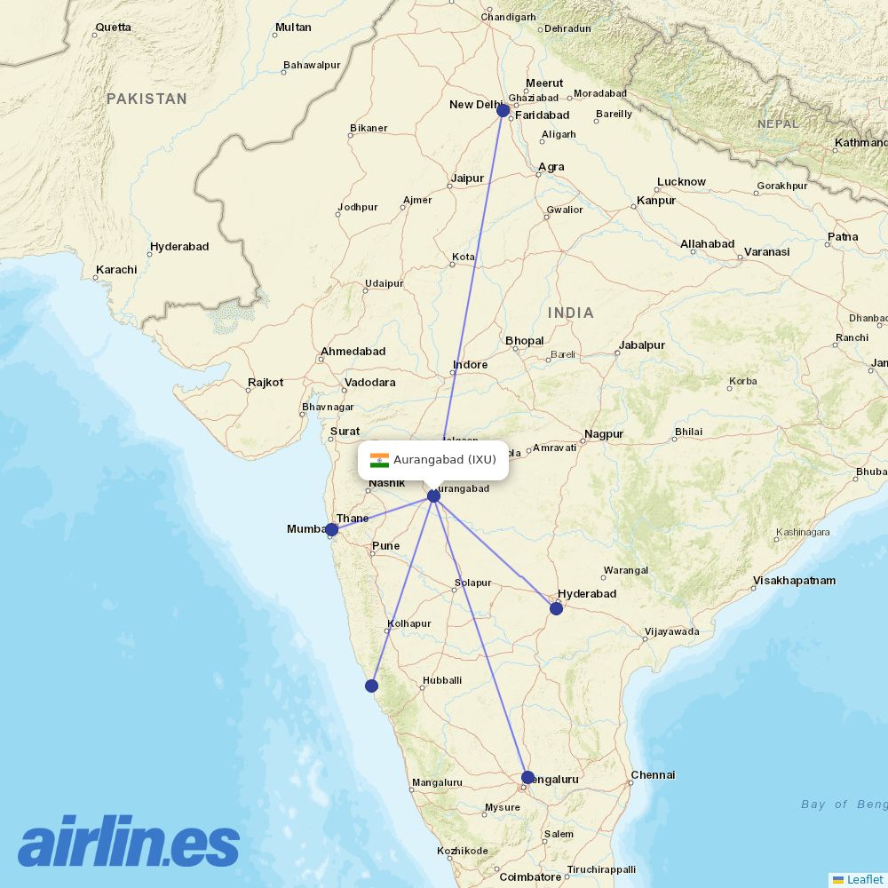IndiGo from Aurangabad destination map