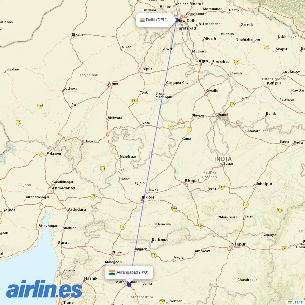 Air India from Aurangabad destination map