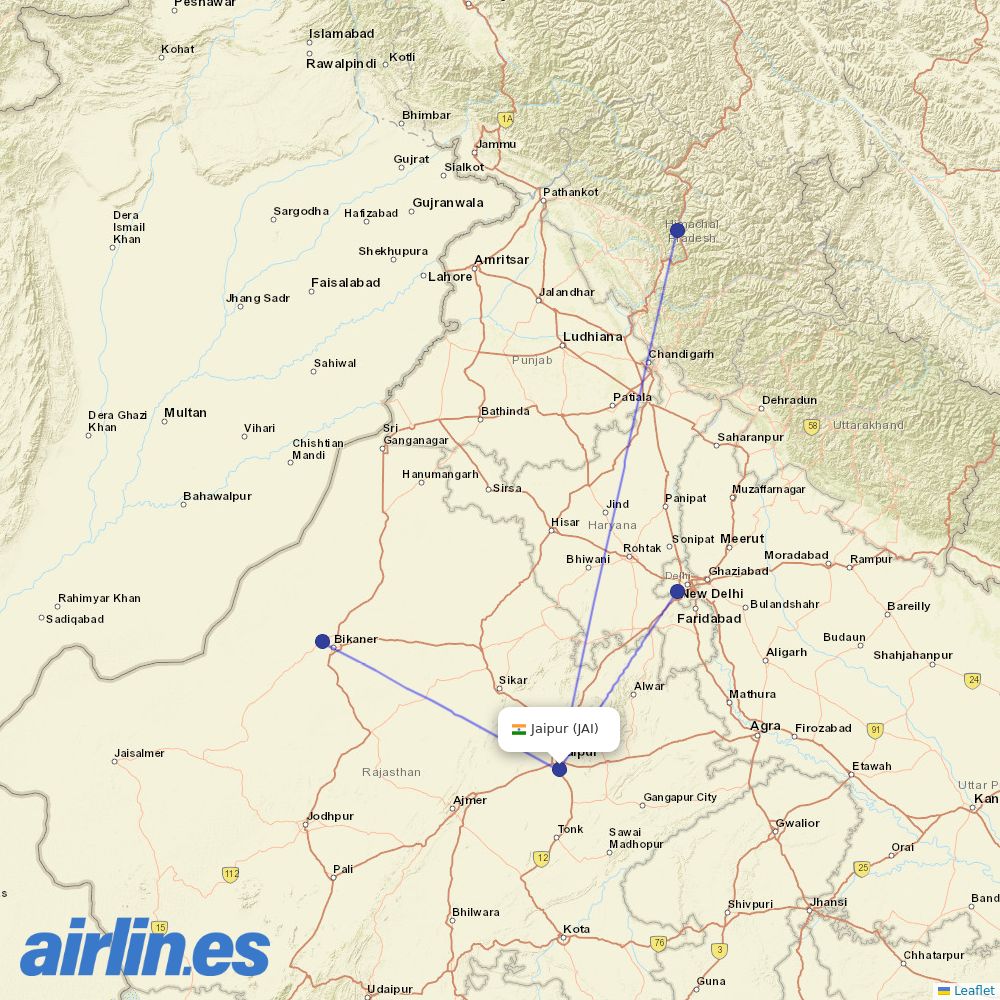 Alliance Air from Jaipur destination map