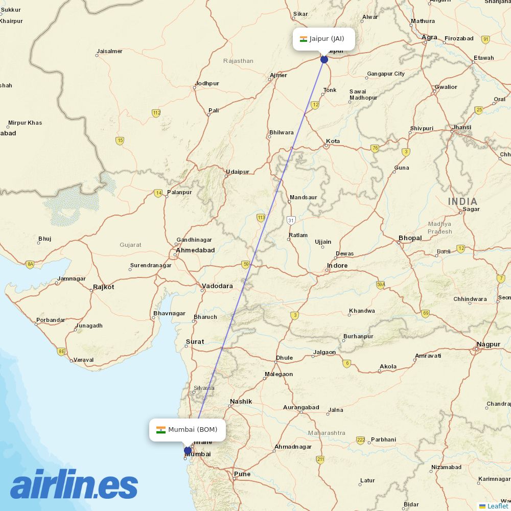 Air India from Jaipur destination map