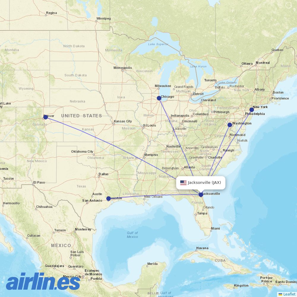 United Airlines from Jacksonville International destination map