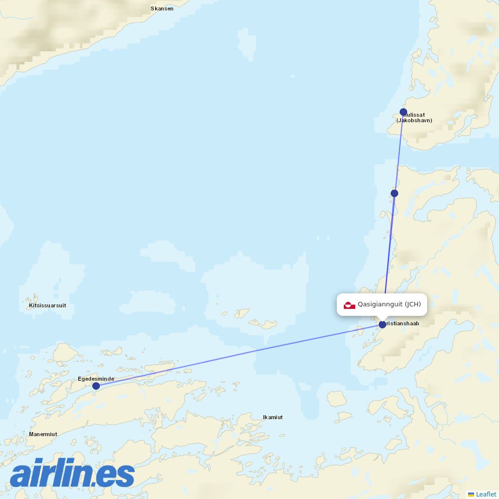 Air Greenland from Qasigiannguit destination map