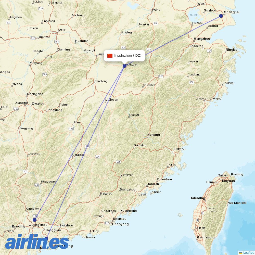 Shenzhen Airlines from Jingdezhen Airport destination map