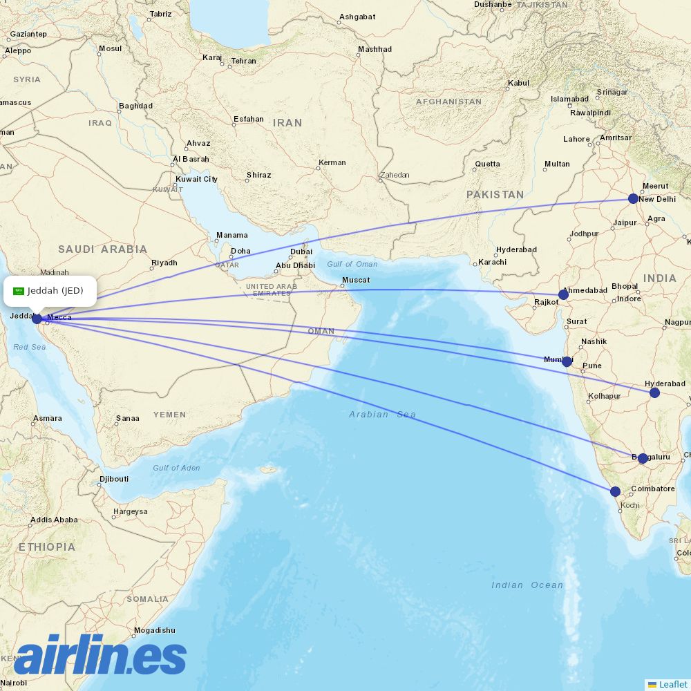 IndiGo from King Abdulaziz International Airport destination map