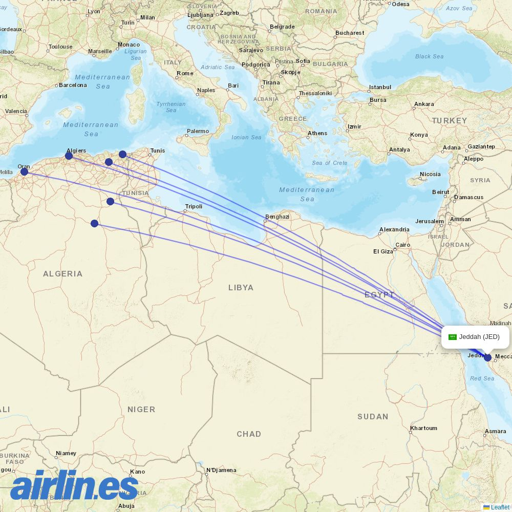 Air Algerie from King Abdulaziz International Airport destination map