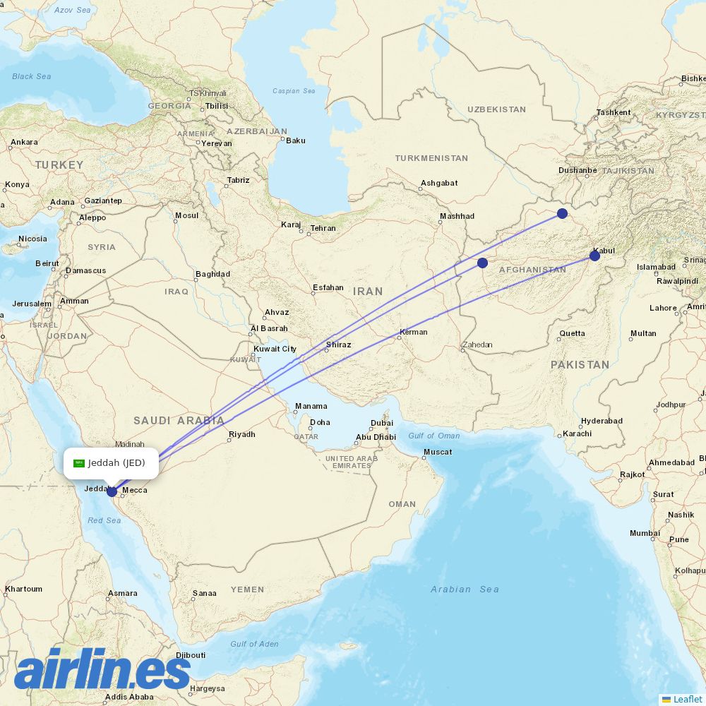 Kam Air from King Abdulaziz International Airport destination map