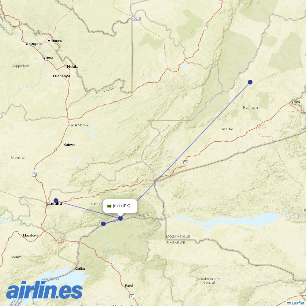 Proflight Zambia at JEK route map