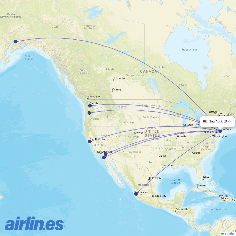 Alaska Airlines from John F Kennedy International destination map