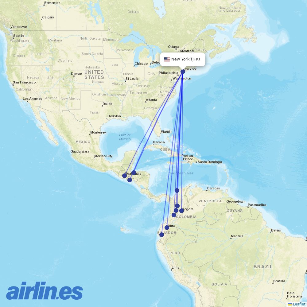 AVIANCA from John F Kennedy International destination map
