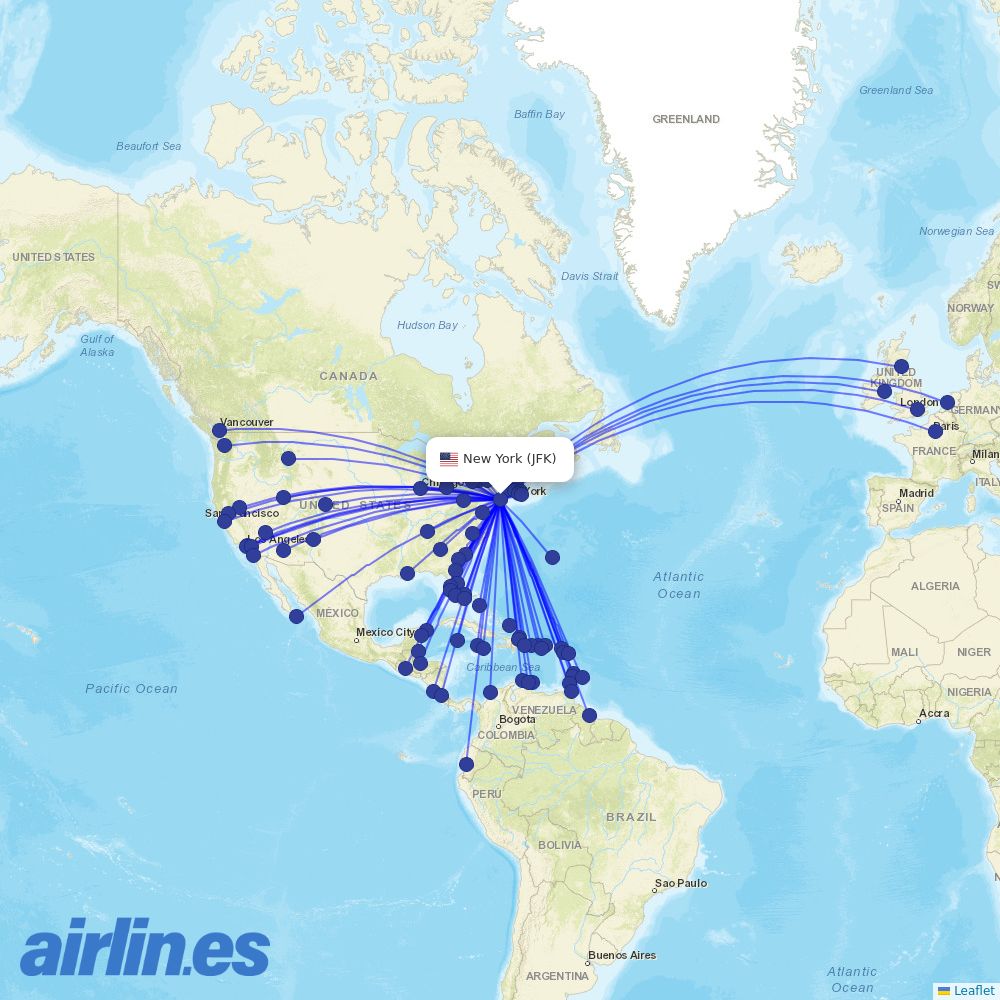 JetBlue Airways from John F Kennedy International destination map