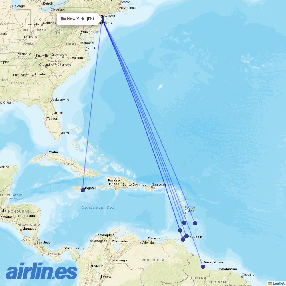 Caribbean Airlines at JFK route map