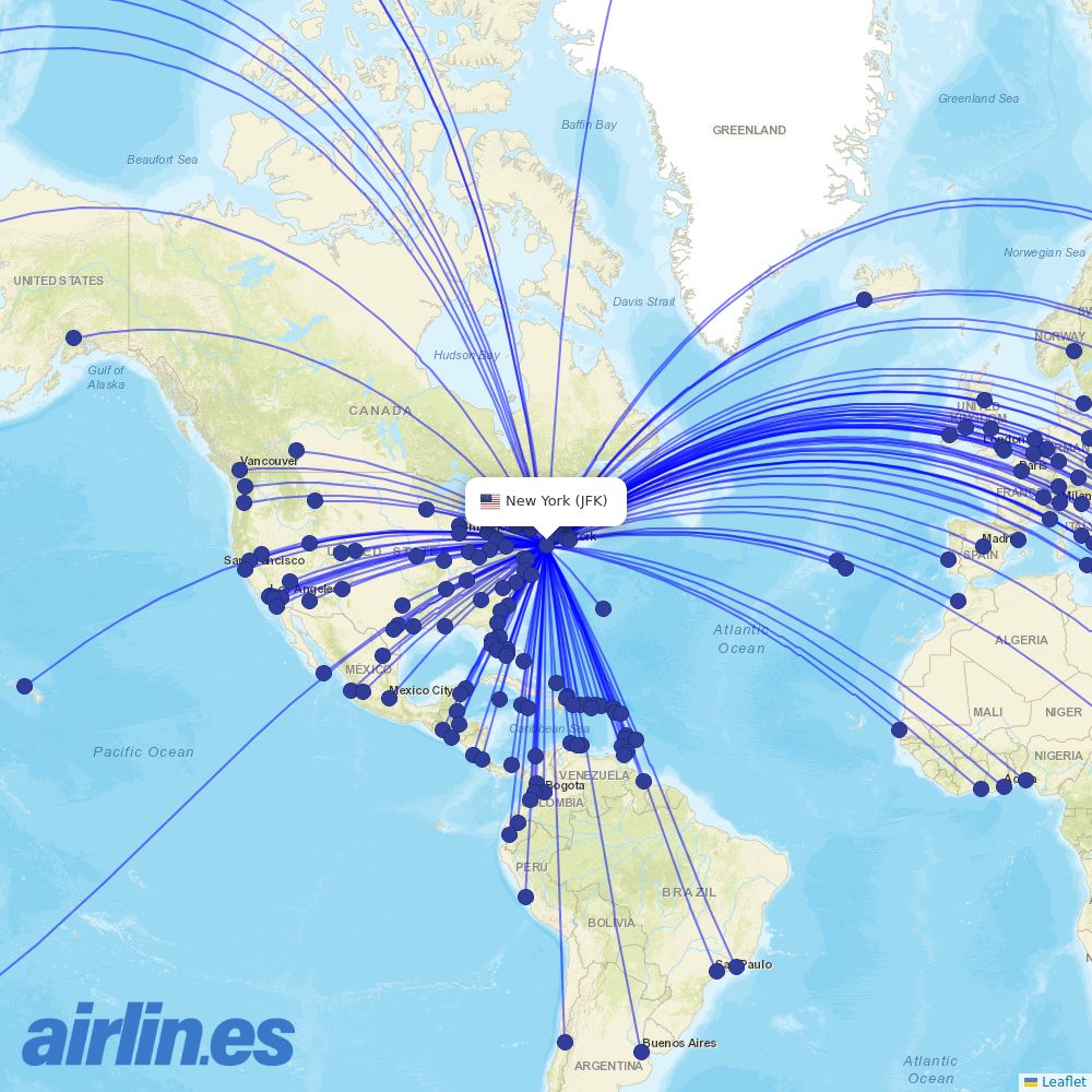 Aer Lingus from John F Kennedy International destination map