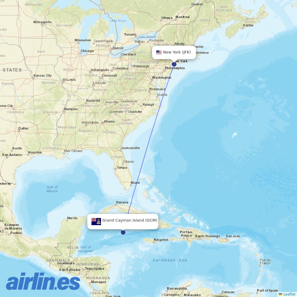 Cayman Airways at JFK route map