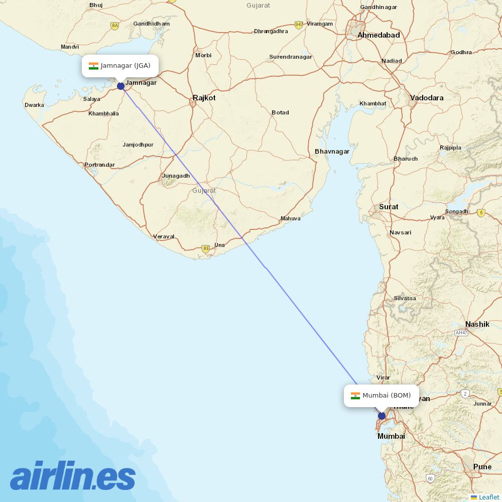 Air India from Jamnagar destination map