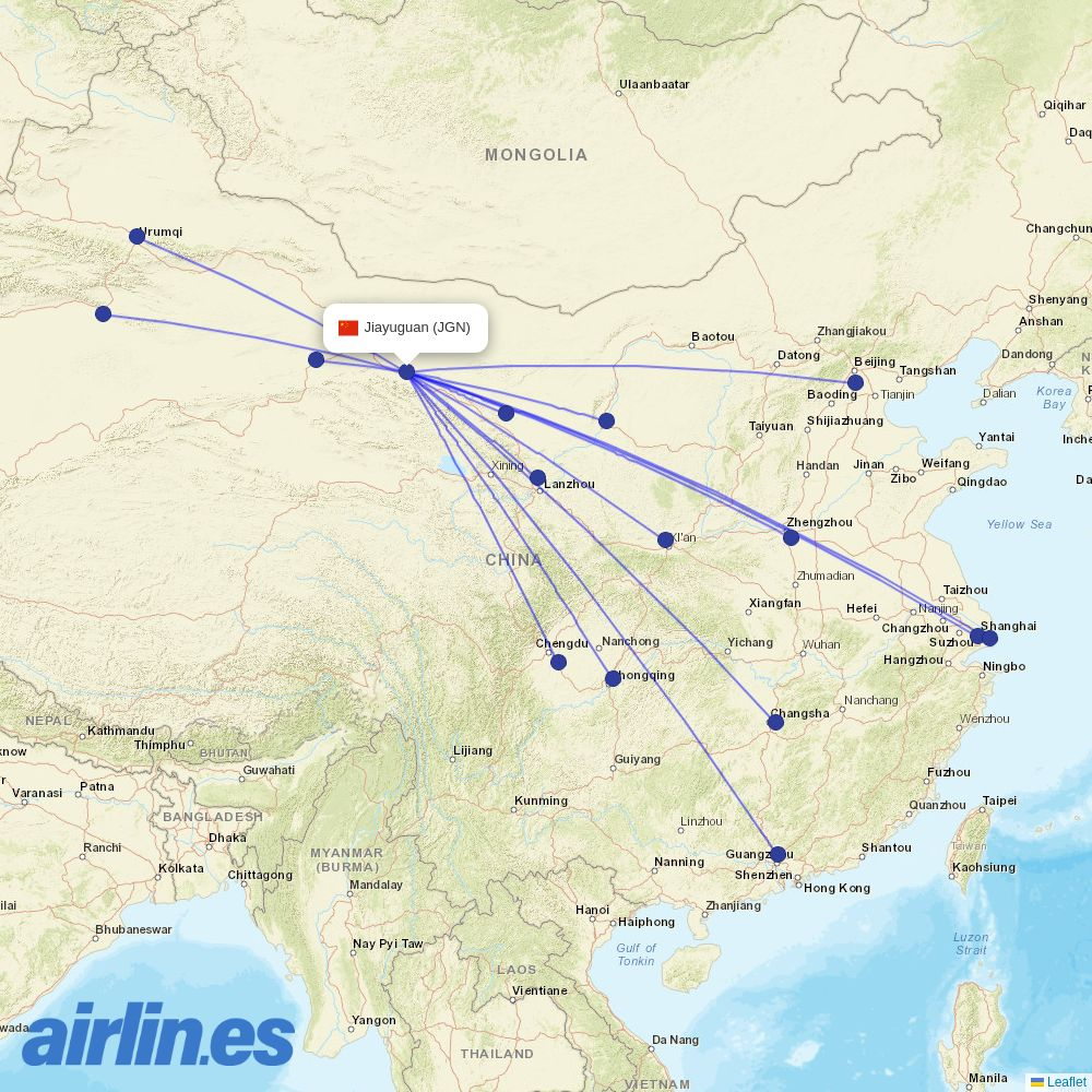 Xiamen Airlines from Jiayuguan Airport destination map