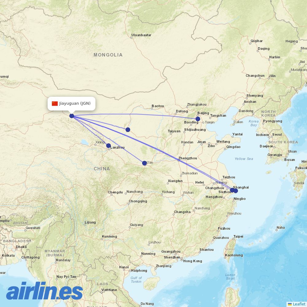 China Eastern Airlines from Jiayuguan Airport destination map