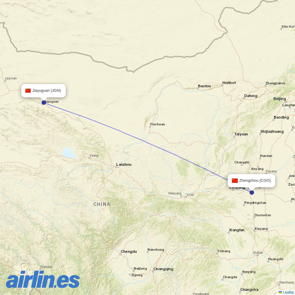 Jiangxi Airlines from Jiayuguan Airport destination map